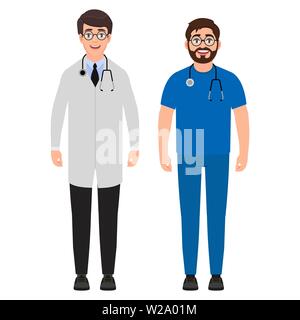 Due medici di sesso maschile con uno stetoscopio intorno al suo collo, lavoratori medici, personaggio dei fumetti illustrazione vettoriale Illustrazione Vettoriale