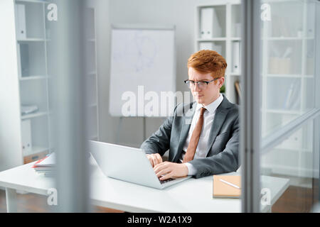 Giovane avvocato in elegante abito di lettura dei dati online Foto Stock