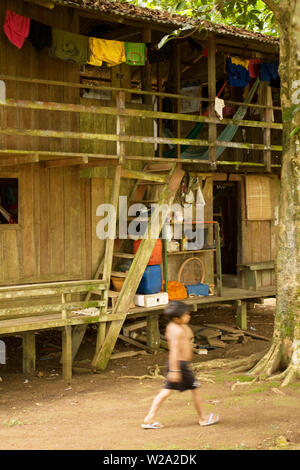 Bambino, casa, Terra Preta comunità, Cuieiras River, Amazônia, Manaus, Amazonas, Brasile Foto Stock