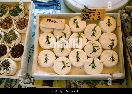 Visualizzazione di fresco Formaggio di capra o di formaggio di capra decorate con ciuffi di foglie di rosmarino in stallo del mercato Bonnieux Luberon Provence Francia Foto Stock