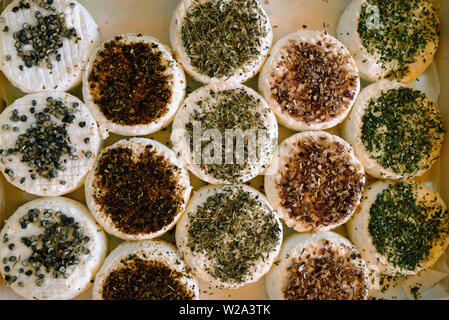 Display o disposizione di formaggio di capra o di formaggio di capra con erbe aromatiche e pepe sul mercato in stallo Bonnieux Luberon Provence Francia Foto Stock