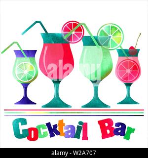 Illustrazione di cocktail disegnati a mano, icone decorativo set . Effetti acquerello. Cocktail party Foto Stock