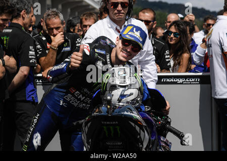 Chemnitz, Germania. 07 Luglio, 2019. Il 7 luglio 2019, Sachsenring Motorsport racing circuito, Hohenstein-ernstthal, Chemnitz, in Sassonia, Germania; MotoGP di Germania, il giorno della gara; MAVERICK VINALES celebra il suo secondo posto Credit: Azione Plus immagini di sport/Alamy Live News Foto Stock