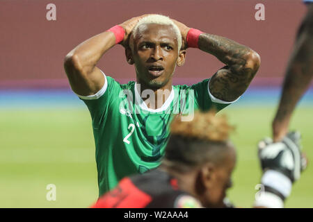 Alessandria, Egitto. 07 Luglio, 2019. Madagascar di Andria reagisce durante il 2019 Africa Coppa delle Nazioni round di 16 partita di calcio tra il Madagascar e Repubblica Democratica del Congo a Alessandria Stadium. Credito: Omar Zoheiry/dpa/Alamy Live News Foto Stock