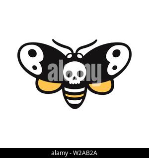 Disegno animato della morte la testa hawkmoth, moth con forma cranica. Creepy Halloween doodle, tattoo design. Vettore isolato clip art illustrazione. Illustrazione Vettoriale