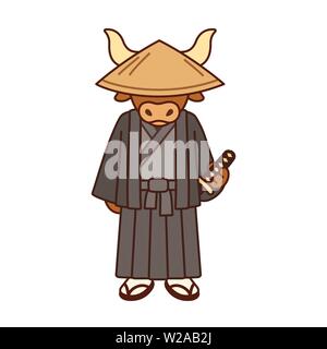 Cartoon carino buffalo samurai. Funny samurai giapponese di carattere animale in kimono e cappello di paglia, con la tradizionale spada katana. Illustrazione Vettoriale
