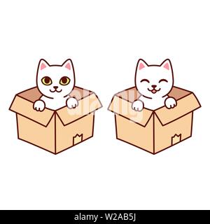 Carino Kitty bianca in una scatola di cartone. Funny cartoon cat seduto nella casella, vettore isolato clip art illustrazione. Illustrazione Vettoriale