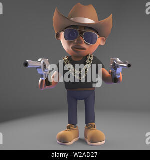 Wild West black hiphop rapper indossa un cowboy stetson hat e pistole, 3D render illustrazione Foto Stock