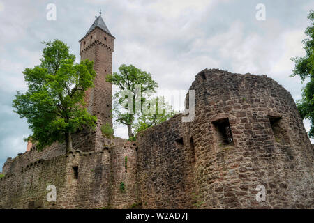 Hirschhorn lungo la lunga distanza sentiero escursionistico Neckarsteig in Germania Foto Stock