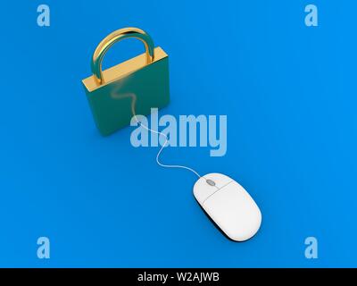 Il lucchetto e il mouse del computer su uno sfondo blu. 3D render illustrazione. Foto Stock