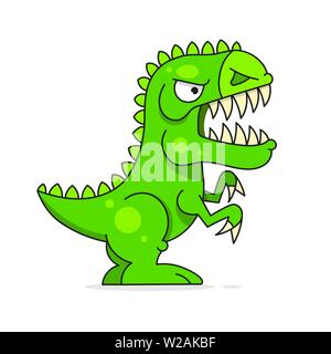 Carino dinosauro Verde isolato su sfondo bianco. Divertente personaggio dei fumetti, illustrazione. Illustrazione Vettoriale