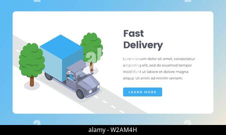 Isometrica di consegna landing page template vettoriale. Il trasporto di merci con autocarri, servizio di consegna spedizione express il layout del sito web. Corriere in auto, logistica e distribuzione 3d concept Illustrazione Vettoriale