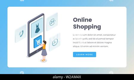 Shopping online isometrico landing page template vettoriale. La donna utilizza smartphone per comprare vestiti, servizio di telefonia mobile per gli acquisti sito web, pagina web. Internet app store, giovane ragazza facendo ordine 3d concept Illustrazione Vettoriale