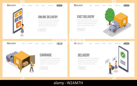 Servizio di consegna isometrico landing page template vettoriale set. Lo shopping online, di trasporto, di acquisto, e-commerce, pacchetti sito web di consegna. Servizio di corriere espresso, la spedizione della merce al consumatore 3d concept Illustrazione Vettoriale