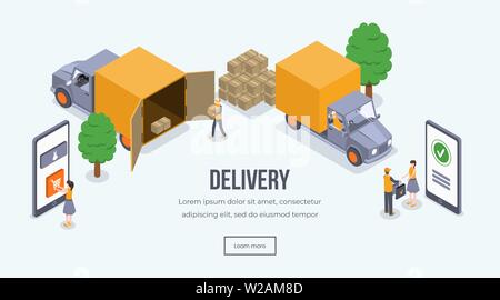Isometrica di consegna landing page template vettoriale. Lo shopping online, ordine e consegna, il caricamento dei camion il layout del sito web. Veicolo di spedizione, corriere pacchi dando al cliente 3d concept Illustrazione Vettoriale