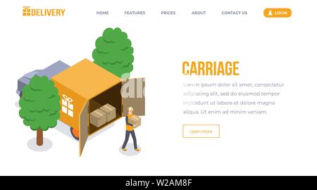 Carrello di atterraggio isometrica pagina template vettoriale. Il servizio corriere di spedizione di merci, trasporto sito web, pagina web. Uomo di consegna, caricatore con box, lavoratore Carrello di scarico 3d concept Illustrazione Vettoriale