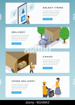 Per la distribuzione online isometrico landing page template vettoriale. Selezionare gli elementi, cargo, home consegna rapida, spedizione, sito web passi. Deliveryman dando per giovane ragazza 3d concept Illustrazione Vettoriale