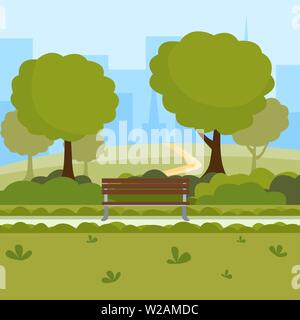 Parco Urbano del fumetto illustrazione vettoriale. Tempo libero sulla natura luogo pubblico, verdi alberi, panche in legno e moderni edifici cityspace. Il centro ricreativo central park disegno Illustrazione Vettoriale