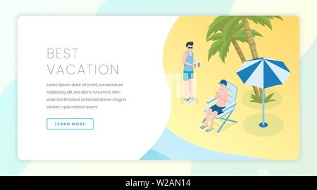 Agenzia Turismo landing page template vettoriale. Vacanze stagionali, tropicali ricreazione website homepage idea di interfaccia con illustrazioni isometriche. Banner Web concept cartoon con gli uomini sulla spiaggia di estate Illustrazione Vettoriale