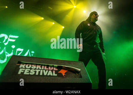 Roskilde, Danimarca. 07 Luglio, 2019. Roskilde, Danimarca. Luglio 07th, 2019. La American hip hop gruppo Cypress Hill esegue un concerto dal vivo durante il danese music festival Roskilde Festival 2019. Qui il rapper B-Real è visto dal vivo sul palco. (Photo credit: Gonzales foto/Alamy Live News Foto Stock