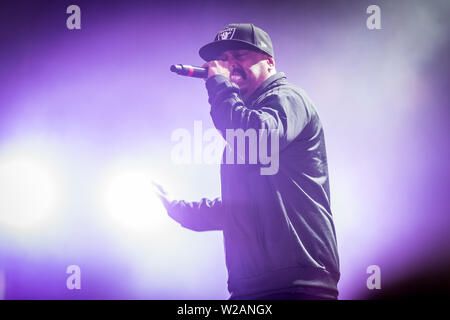 Roskilde, Danimarca. 07 Luglio, 2019. Roskilde, Danimarca. Luglio 07th, 2019. La American hip hop gruppo Cypress Hill esegue un concerto dal vivo durante il danese music festival Roskilde Festival 2019. Qui rapper Sen cane è visto dal vivo sul palco. (Photo credit: Gonzales foto/Alamy Live News Foto Stock