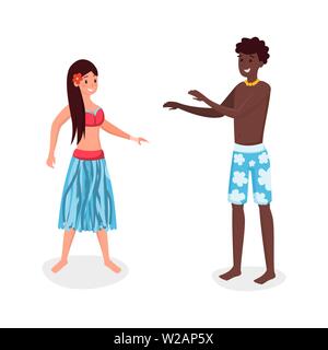 Persone che svolgono a livello nazionale, tradizionale danza etnica. Giovane divertendosi, ballare sulla riva del mare in estate in vacanza personaggio dei fumetti. Rilassante vacanza tropicale con amici illustrazione piatta Illustrazione Vettoriale