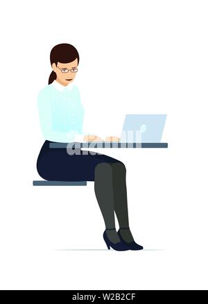 Business Woman in bicchieri e tuta, lavorando su un computer portatile. Uno stile piatto illustrazione vettoriale. Illustrazione Vettoriale