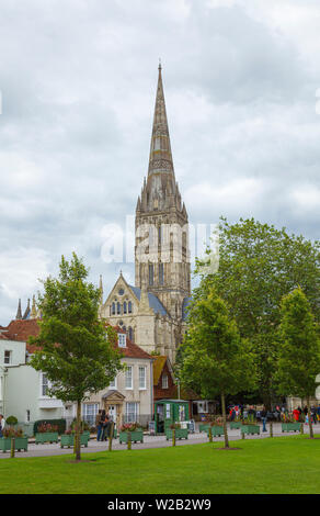 Vista da vicino la Cattedrale di Salisbury Cathedral, un iconico capolavoro gotico con il più alto la guglia, Salisbury, Wiltshire, a sud-ovest dell'Inghilterra, Regno Unito Foto Stock