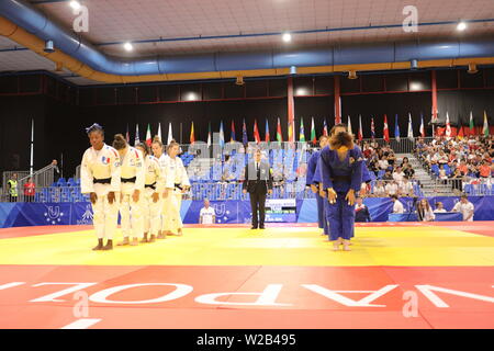 Campania. 7 Luglio, 2019. Universiade Napoli, ultimo giorno di competizioni di Judo.Italia, Napoli 7 luglio 2019 alla mostra d'oltremare di uomini e donne squadra judo finali sono state detenute. Credito: Fabio Sasso/ZUMA filo/Alamy Live News Foto Stock