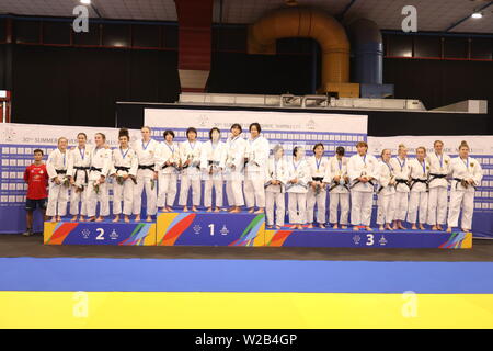 Campania. 7 Luglio, 2019. Universiade Napoli, ultimo giorno di competizioni di Judo.Italia, Napoli 7 luglio 2019 alla mostra d'oltremare di uomini e donne squadra judo finali sono state detenute. Credito: Fabio Sasso/ZUMA filo/Alamy Live News Foto Stock