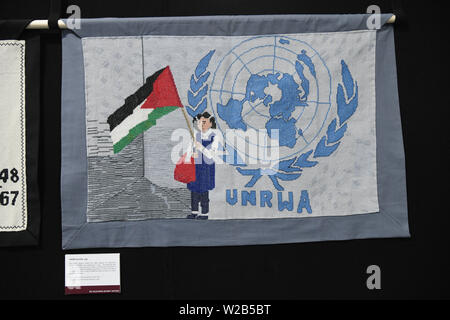 Palestina Expo hanno mostrare al mondo. Palestinesi la gente è il più forte ha voluto persone l umanità hanno visto nel XXI secolo. La sofferenza, umiliazione, privazioni e injustic ogni uomo è in grado di resistere da israeliani di oppressione e la loro determinazione dei diritti palestinesi a ritornare alla loro patria non è negoziabile il 7 luglio 2019, a Londra Olympia, UK. Foto Stock