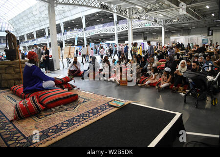 Palestina Expo hanno mostrare al mondo. Palestinesi la gente è il più forte ha voluto persone l umanità hanno visto nel XXI secolo. La sofferenza, umiliazione, privazioni e injustic ogni uomo è in grado di resistere da israeliani di oppressione e la loro determinazione dei diritti palestinesi a ritornare alla loro patria non è negoziabile il 7 luglio 2019, a Londra Olympia, UK. Foto Stock