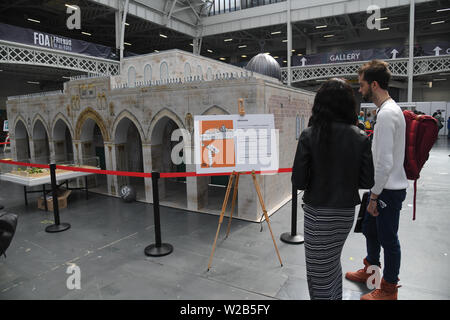 Palestina Expo hanno mostrare al mondo. Palestinesi la gente è il più forte ha voluto persone l umanità hanno visto nel XXI secolo. La sofferenza, umiliazione, privazioni e injustic ogni uomo è in grado di resistere da israeliani di oppressione e la loro determinazione dei diritti palestinesi a ritornare alla loro patria non è negoziabile il 7 luglio 2019, a Londra Olympia, UK. Foto Stock