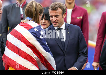 Lione, Francia. 07 Luglio, 2019. Emannuel Macron presidente della Francia il confronto tra gli Stati Uniti e i Paesi Bassi convalidato dal finale delle donne 's Mondiali di Calcio a Lione in Francia domenica, 07. Credito: Brasile Photo Press/Alamy Live News Foto Stock
