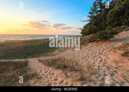 Percorso spiaggia. Percorso di avvolgimento attraverso dune di erba e dune di sabbia sulle rive del lago Michigan. Stato Hoffmaster Park, Michigan Foto Stock