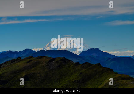 Vista in lontananza il Monte Denali - mt Mckinley peak dal Monte Healy escursione sentiero con cielo blu con nuvole bianche sopra. Parco Nazionale di Denali Foto Stock