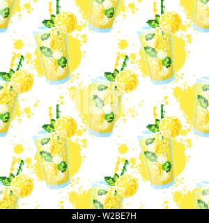 La limonata seamless pattern. Sfondo vettoriale con fresco e dolce estate bere e macchie di vernice. Illustrazione Vettoriale