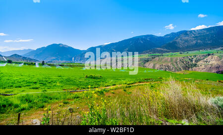 Terreni agricoli fertili lungo il fiume Fraser come fluisce attraverso il canyon alla città di Lillooet nella regione Chilcotin in British Columbia, Canada Foto Stock