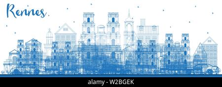 Delineare Rennes Francia dello skyline della città con edifici di colore blu. Illustrazione Vettoriale. Viaggi di affari e di turismo con il concetto di architettura storica. Illustrazione Vettoriale