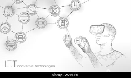 Internet delle cose il funzionamento moderno da occhiali vr innovazione tecnologia concetto. La comunicazione wireless di realtà aumentata IOT rete TIC. Home Illustrazione Vettoriale