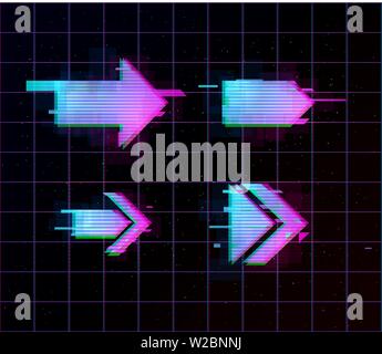 Vaporwave Synthwave retrowave Glitch frecce, puntatori, direzione impostata. Glitch, gli elementi di design per creare poster, flyer, coperchio, web banner. Eps 10 Illustrazione Vettoriale