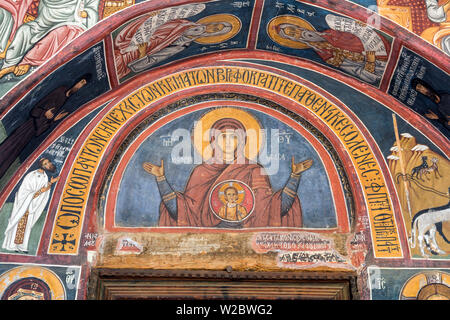 Affresco bizantino (XII secolo), la Chiesa dei Santi Gioacchino e Anna, Kaliana, monti Troodos, Cipro Foto Stock