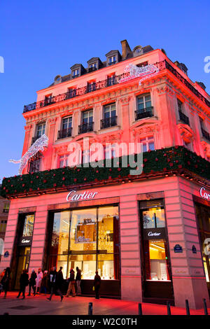 Negozio di Cartier con decorazioni di Natale, Avenue des Champs Elysees di Parigi, in Francia, in Europa occidentale. Foto Stock