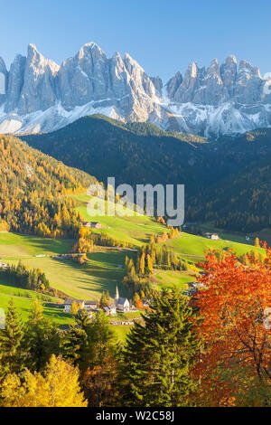 In autunno, Maddalena village, Geisler Spitzen (3060m), in Val di Funes, Dolomiti, Trentino-Alto Adige, Italia Foto Stock