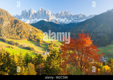 In autunno, Maddalena village, Geisler Spitzen (3060m), in Val di Funes, Dolomiti, Trentino-Alto Adige, Italia Foto Stock