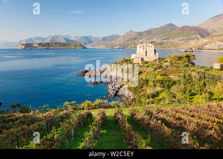 Resti della torre di avvistamento, Carpino Bay, Scalea, Calabria Foto Stock