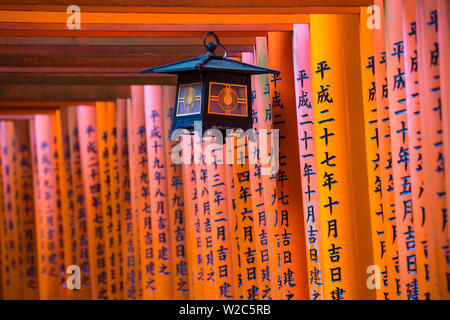 Giappone, Kyoto Fushimi Inari Shrine, vermiglio torii gates, Donati e inscritta da imprese e singoli Foto Stock