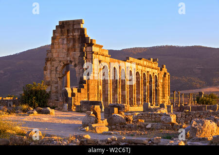 Esterno della Basilica, scavato la città romana, Volubilis, Marocco, Africa del Nord Foto Stock