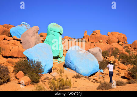 Turistica prendendo fotografie di sassi dipinti dall artista belga Jean Verame, Tafraoute, Marocco, Africa del Nord (MR) Foto Stock