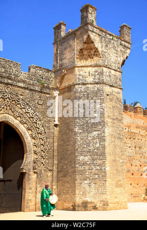 Musicista fuori Bab Zaer, il cancello principale, Chellah, Rabat, Marocco, Africa del Nord Foto Stock